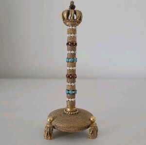 Vintage Rare Florenza Bejeweled Pearl Brass Mechanical Pencil & Tasseled Stand